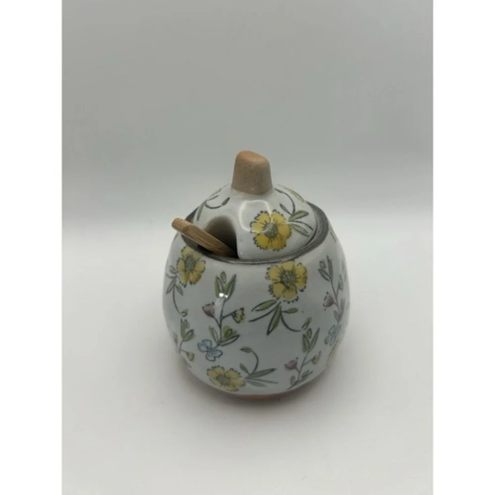 Creative Co-Op Hand Painted Spoon‎ & Lid Stoneware Sugar Pot Flower Design